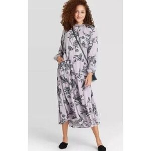 A New Day Lavender Floral Print Long Sleeve High Neck Boho Pocket Midi Dress S